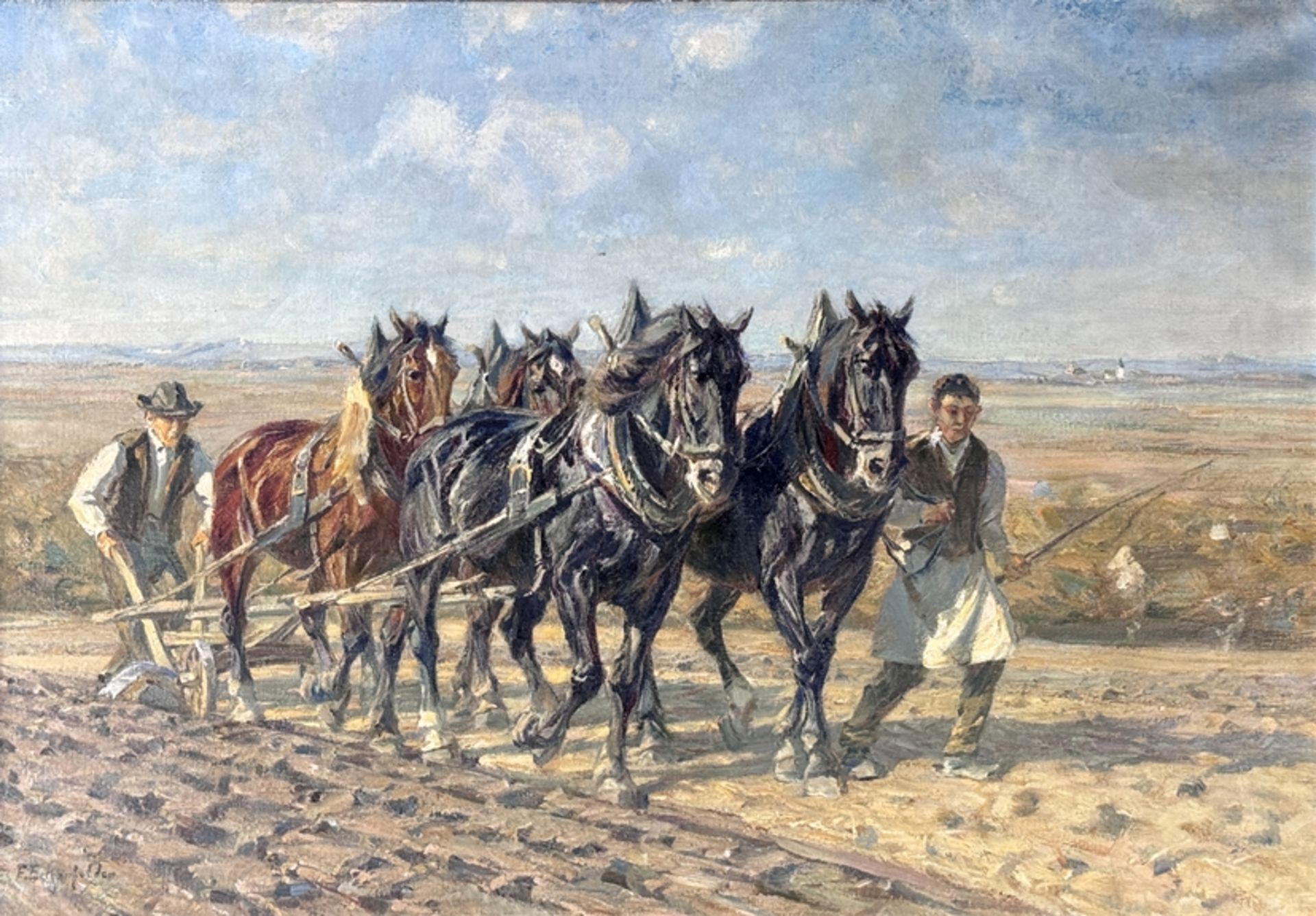 Eckenfelder, Friedrich (1861 Bern - 1938 Balingen) "Horses and plough", two farmers with four horse