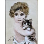 Porcelain picture "Child with cat", finely hand-painted porcelain plate, illegibly signed on the lo