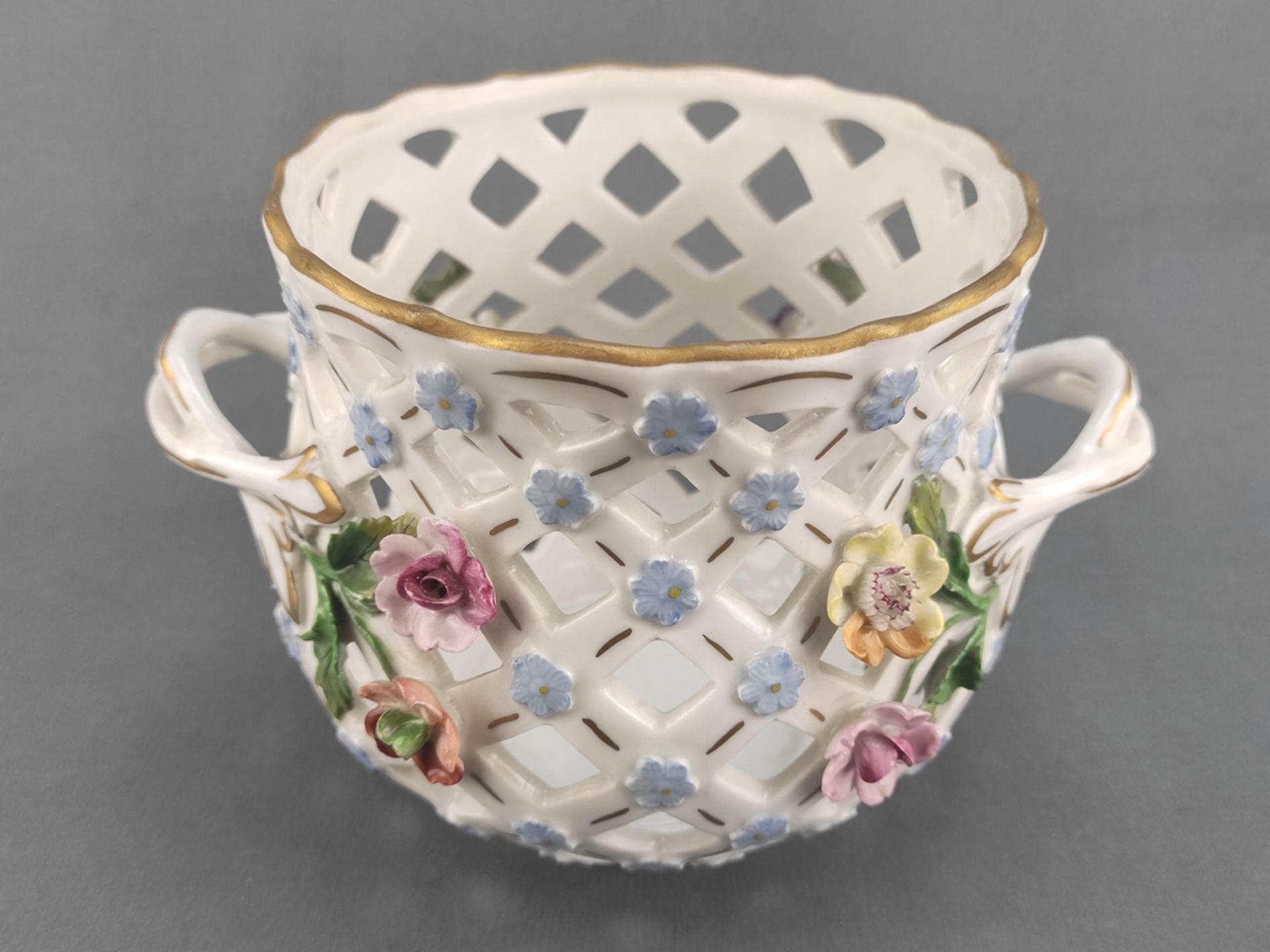 Handled basket, Potschappel, Dresden, open-worked walls, sculptural floral appliqués and two handle