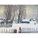 Alexejev, W.K. (1936 - 2000) "Wintertag", Blick in verschneite Landschaft mit Wohnhäusern, im Vorde