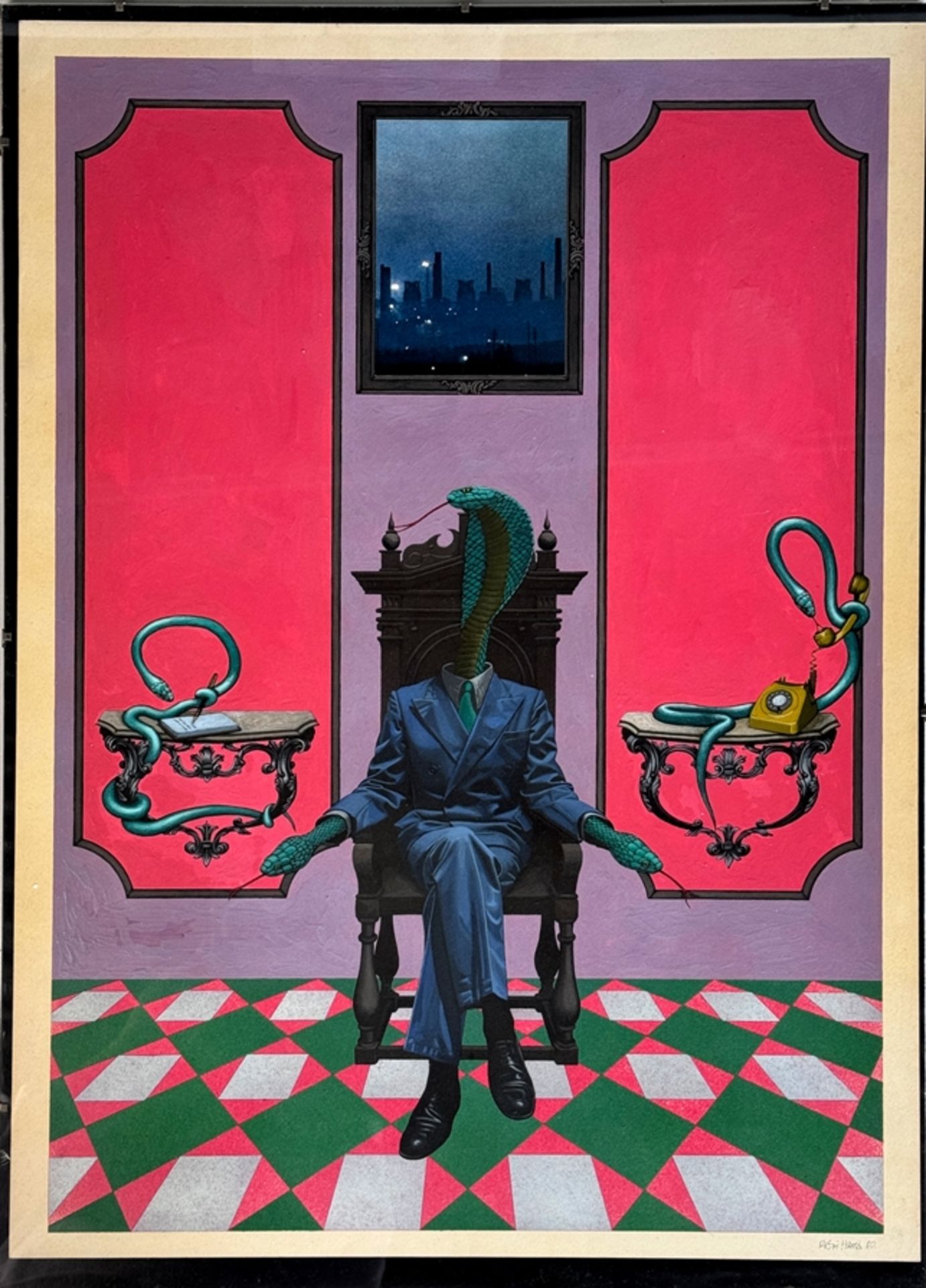 Harris, Robin (1949 Kensington - 2022) Surrealistische Darstellung, mittig sitzende Person in Anzug