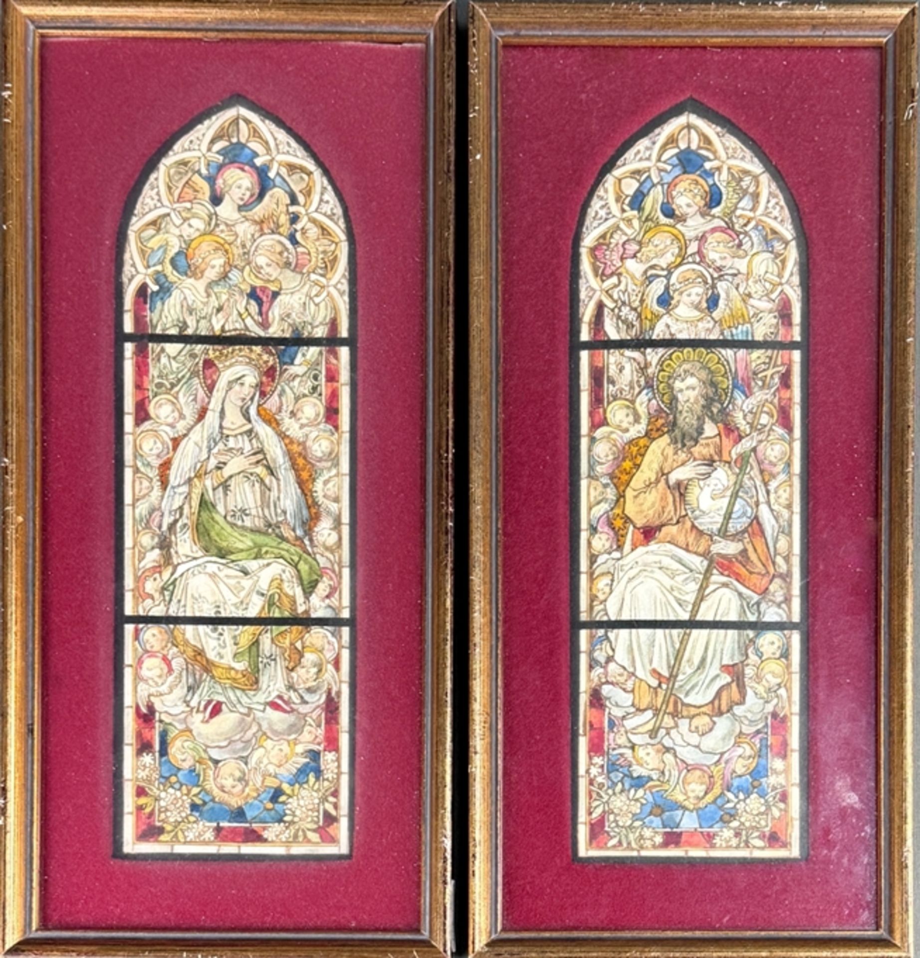 Watercolourist (19th century) Pair of designs for cathedral windows, iconographic motifs in the for