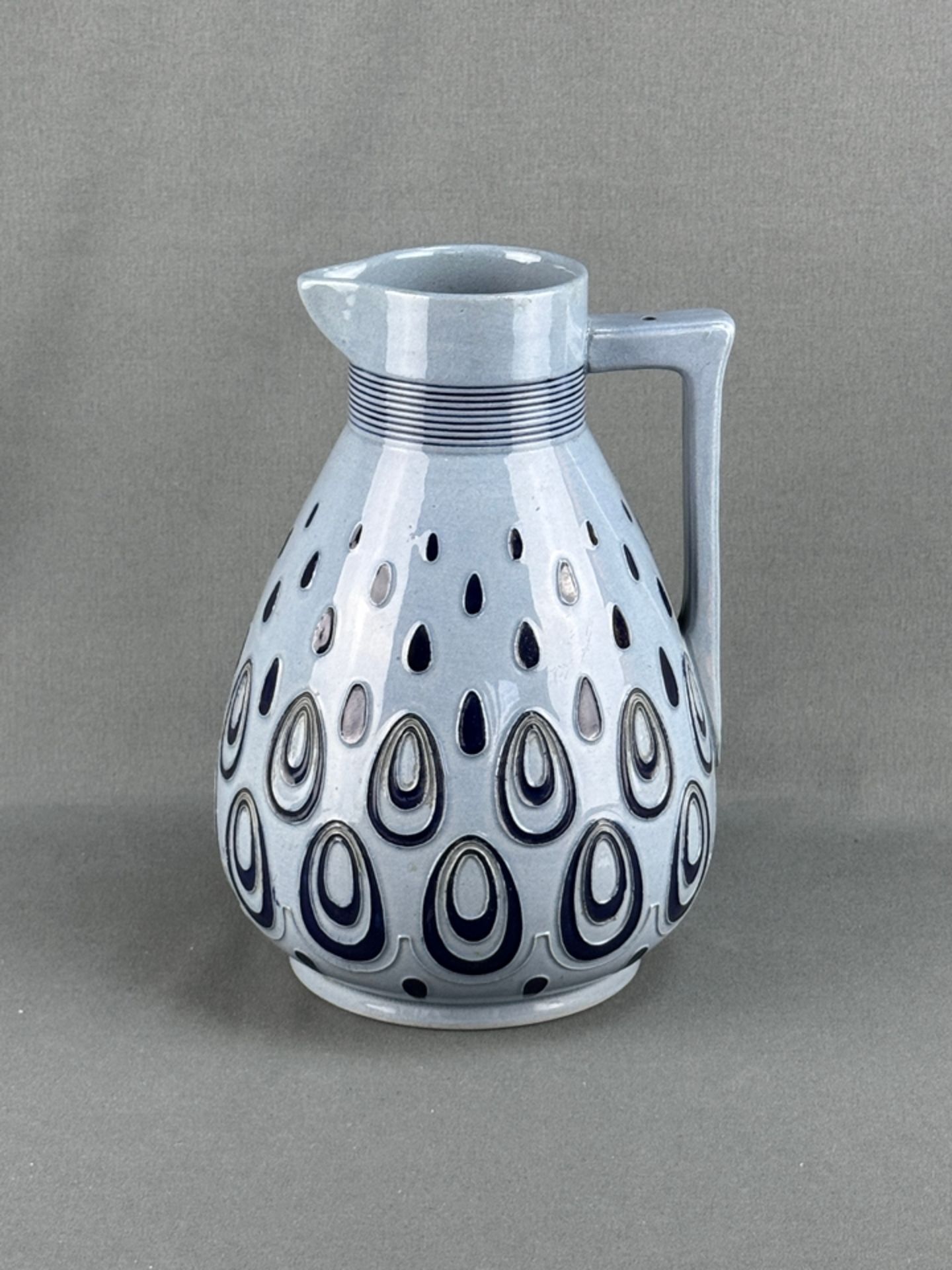 Art Decó jug, stoneware, Germany, Wick-Werke, grey-blue glazed, all-round reliefed, high oval, blue