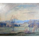 Landscape painter (20th century) "Autumn landscape", wide view of hilly landscape, in the foregroun