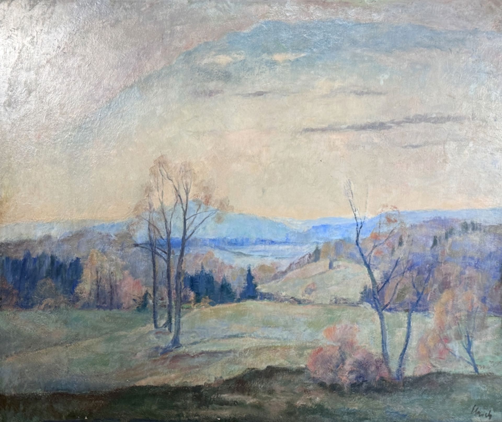Landschaftsmaler/In (20. Jahrhundert) "Herbstlandschaft", weiter Ausblick in hügelige Landschaft, i