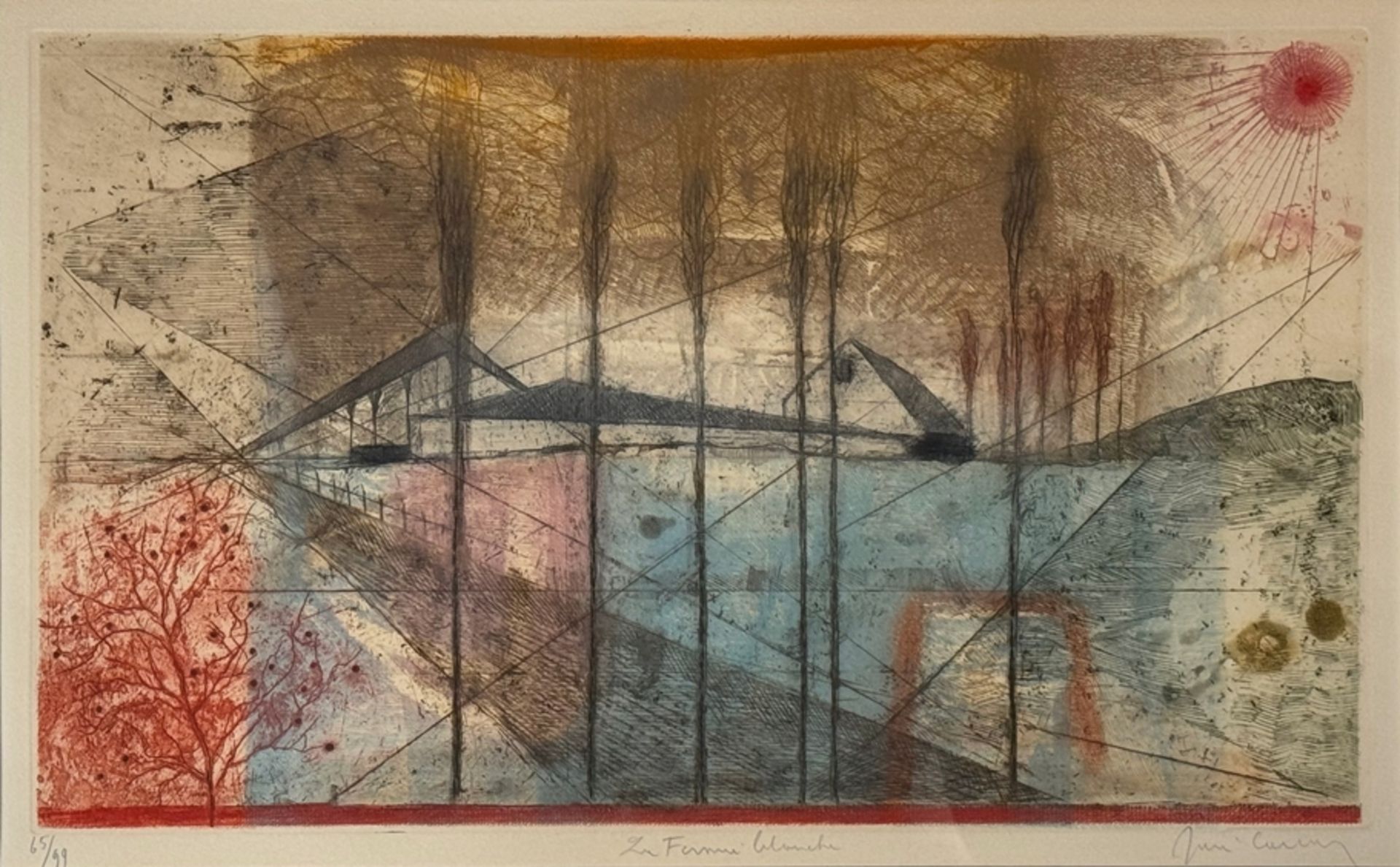 Graphic artist (20th century) Geometric landscape, colour etching, illegibly signed lower right, il