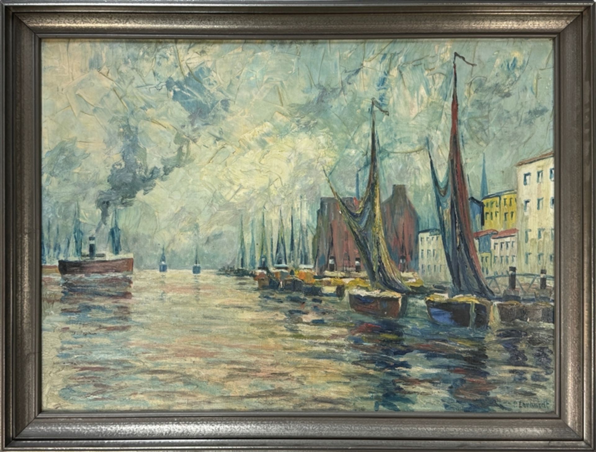 Ehrhardt, Paul (1888 Magdeburg - 1981 Lippstadt, Westphalia) "View of the harbour", oil on canvas, - Image 2 of 4