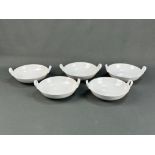 Five small bowls with handles, KPM Berlin, white porcelain, blue sceptre mark on the base, two open