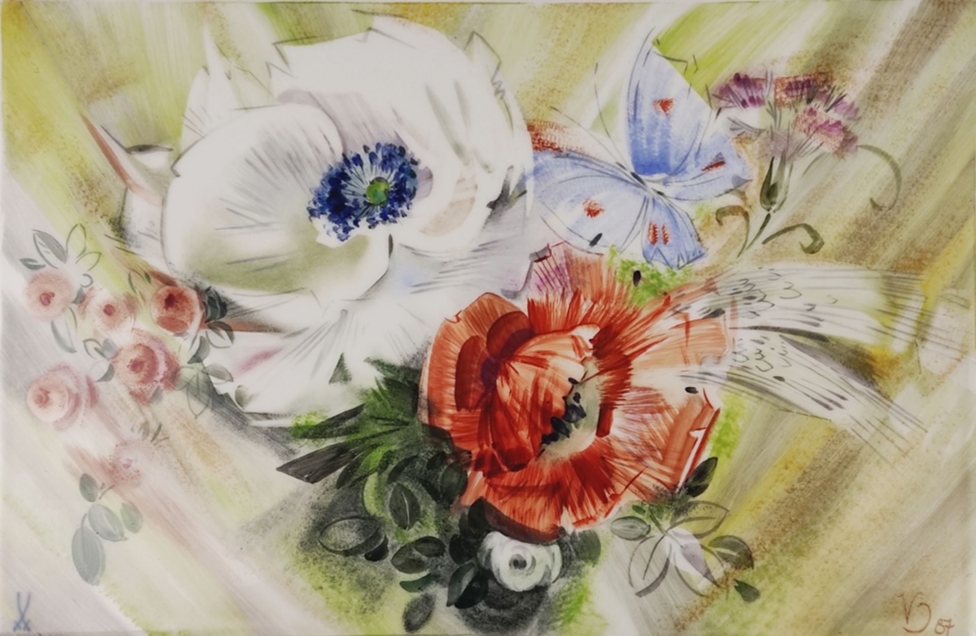 Bildplatte "Sommer", Schwertermarke Meissen, polychrom handbemalt mit Blumenbouquet und Schmetterli - Bild 2 aus 5
