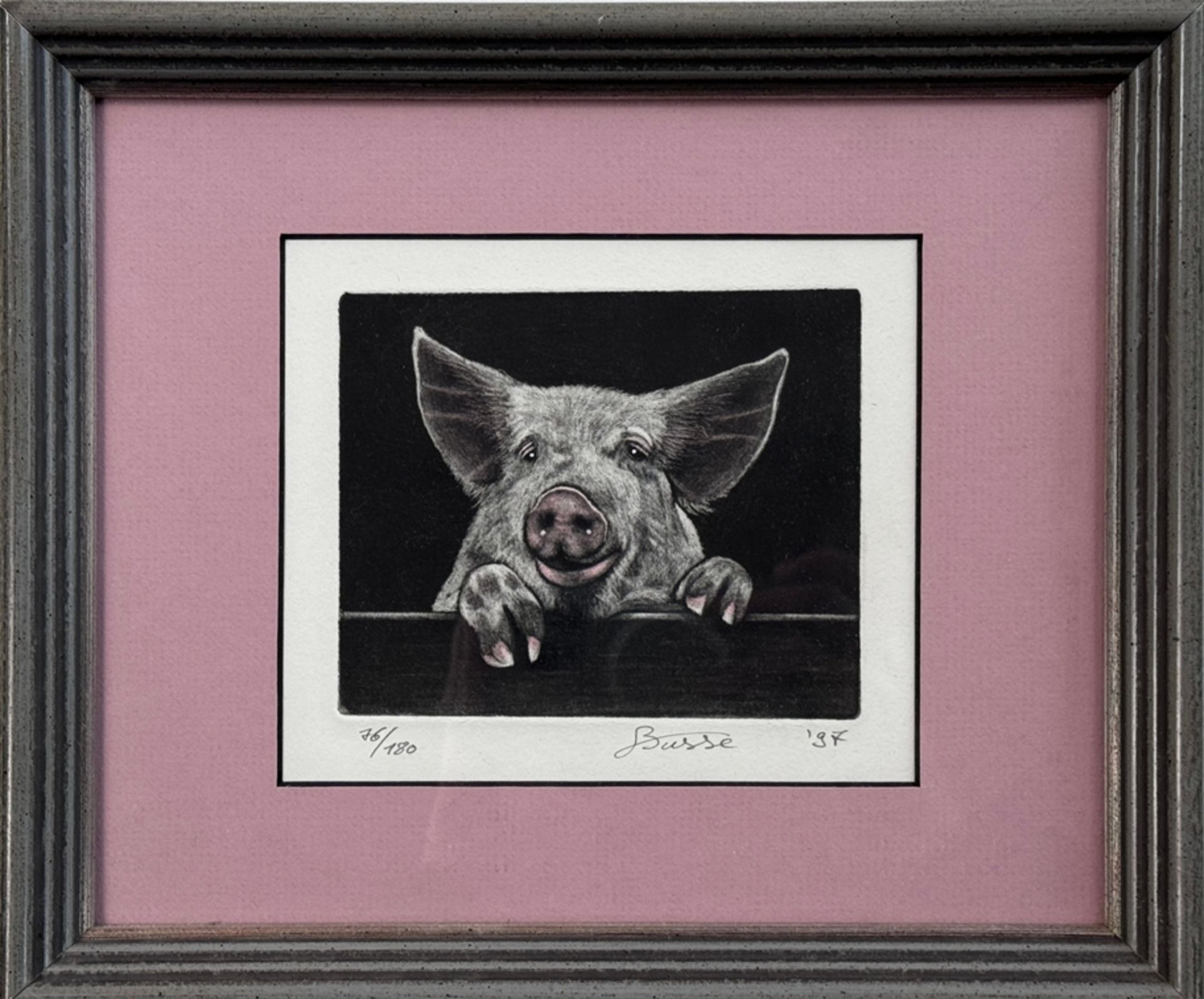 Busse (20. Jahrhundert) "Schweinchen", Radierung, Exemplar 76/180, unten handschriftlich signiert, - Bild 2 aus 3