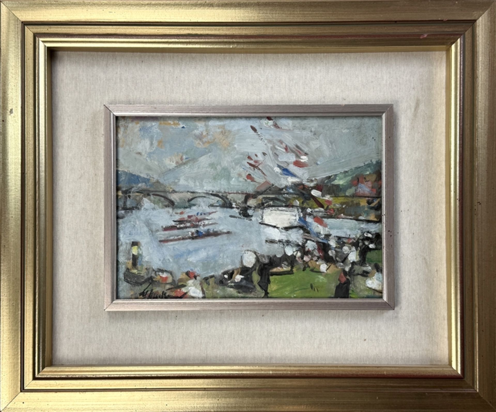 Artist (20th century) "Landscape view" with water and boats, illegibly signed lower left, oil on pa - Image 2 of 4