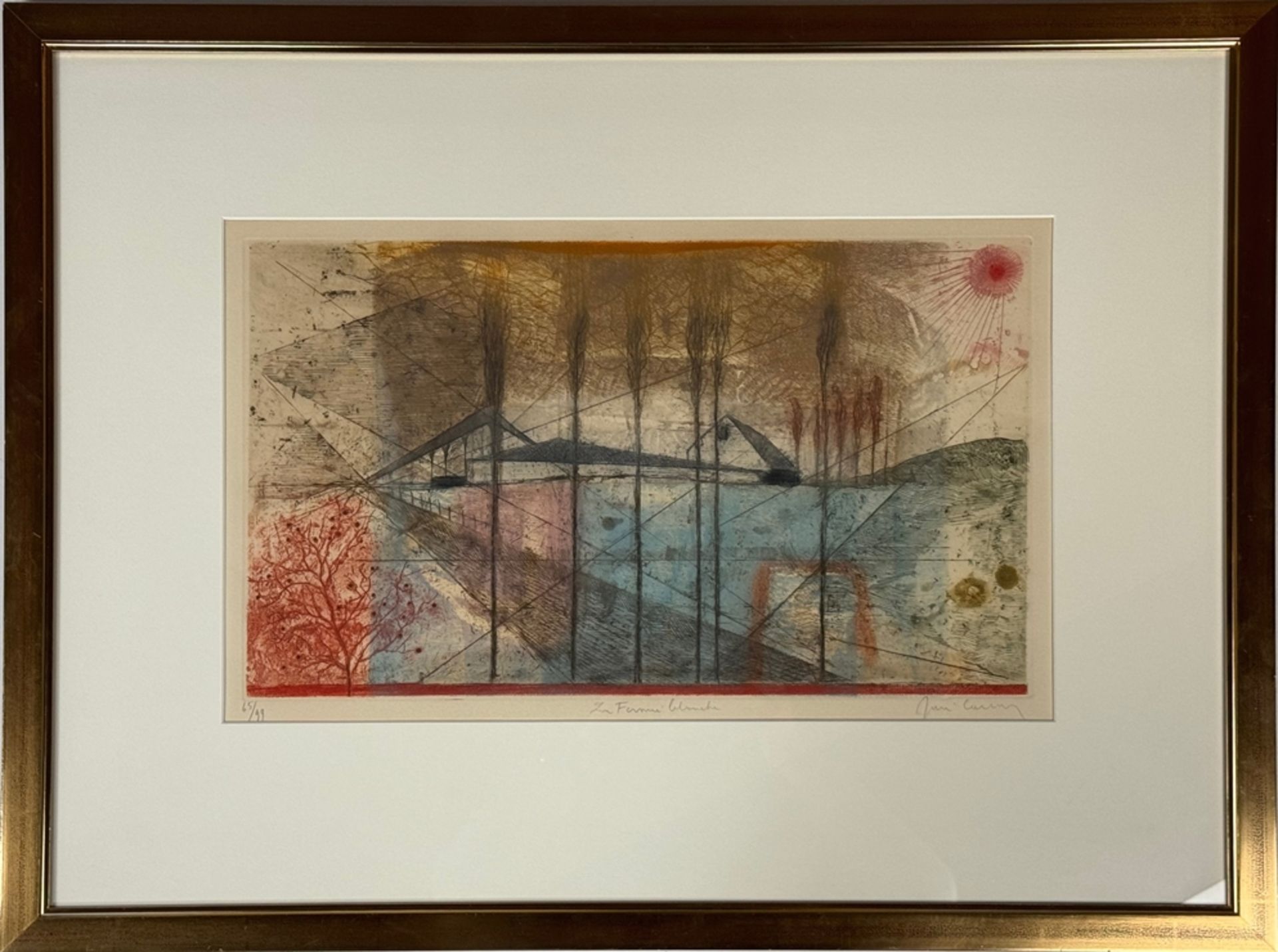 Graphic artist (20th century) Geometric landscape, colour etching, illegibly signed lower right, il - Image 2 of 3