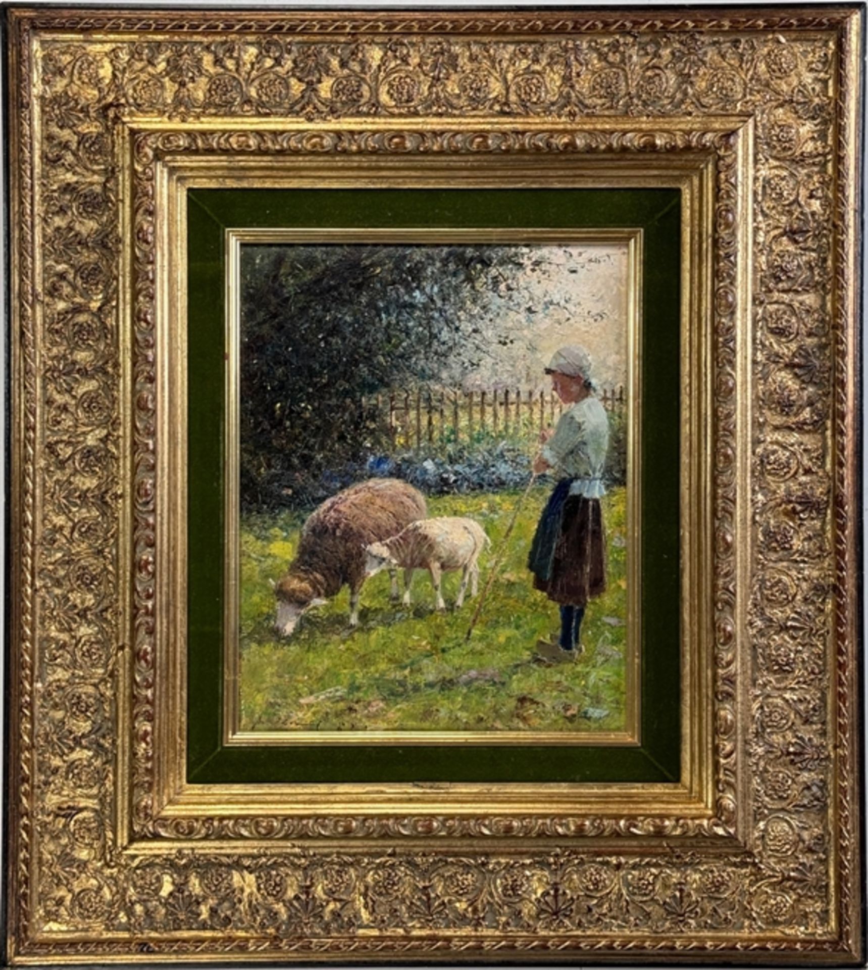Klarl, Josef (1909 Straubing - 1987 Schelklingen) "Farmer girl with sheep and lamb", oil on canvas, - Image 2 of 4