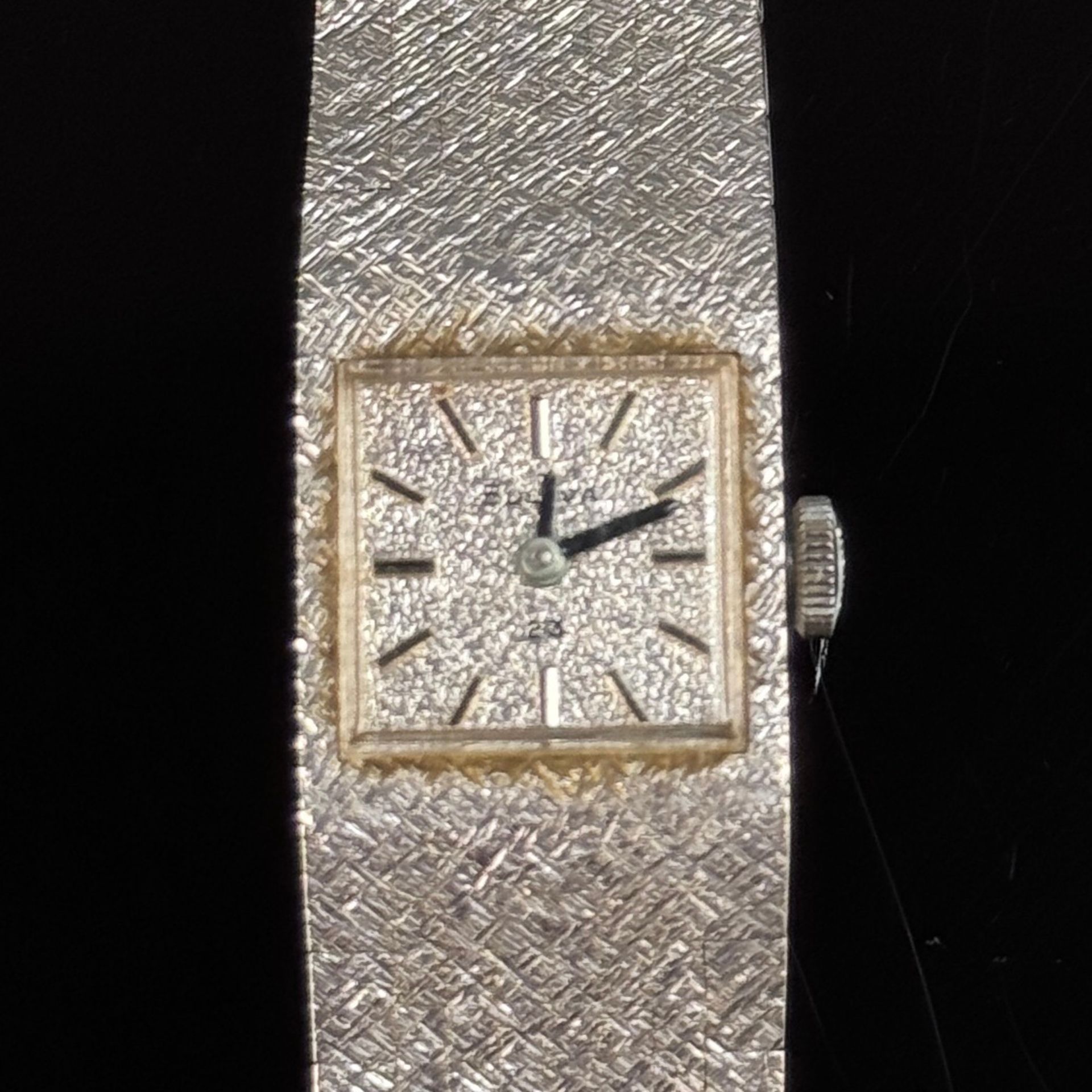 Wristwatch, Bulova, 585/14K white gold (hallmarked), total weight 38.1g, rectangular case and dial - Image 2 of 3