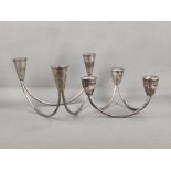 Two candlesticks, sterling silver (hallmarked), weighted, duchin, three-flame, modern shape, can be