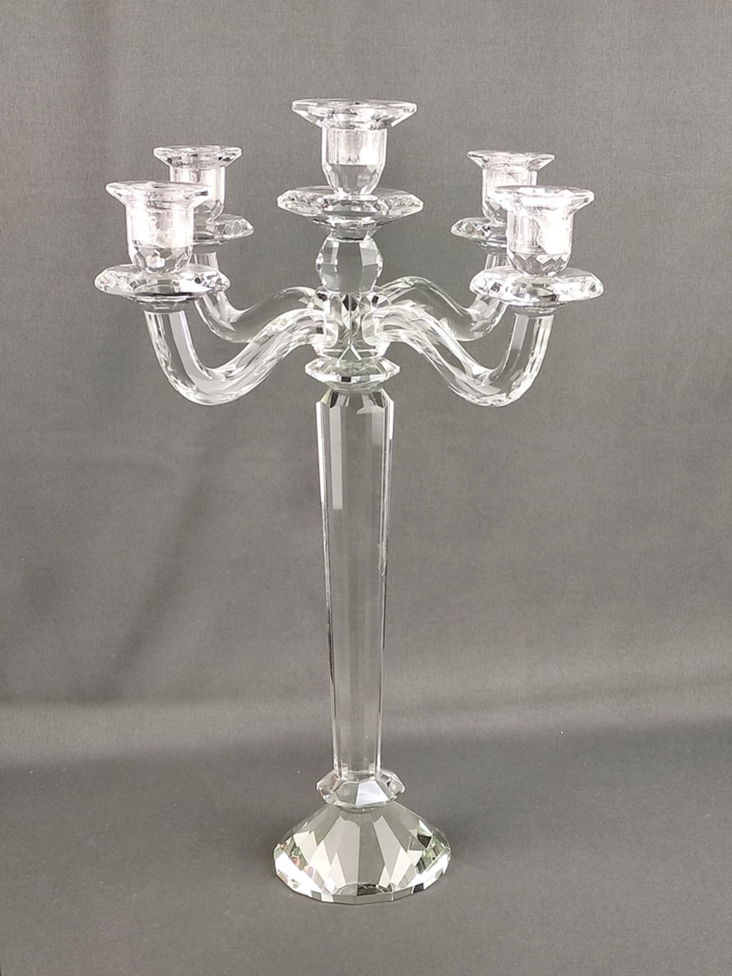 Large crystal candlestick, five-armed, height 51.5cm, slightly chipped in places