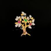 Feine Baumbrosche, 585/14K Gelbgold (getestet), 3g, besetzt mit Diamanten, Saphiren, Rubinen und Sm