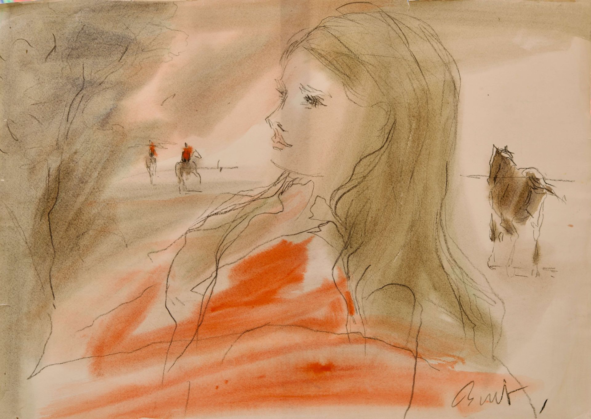 Franz Bueb * (1916- 1982), Porträt einer jungen Frau mit Pferden im Hintergrund |Franz Bueb * (1916-