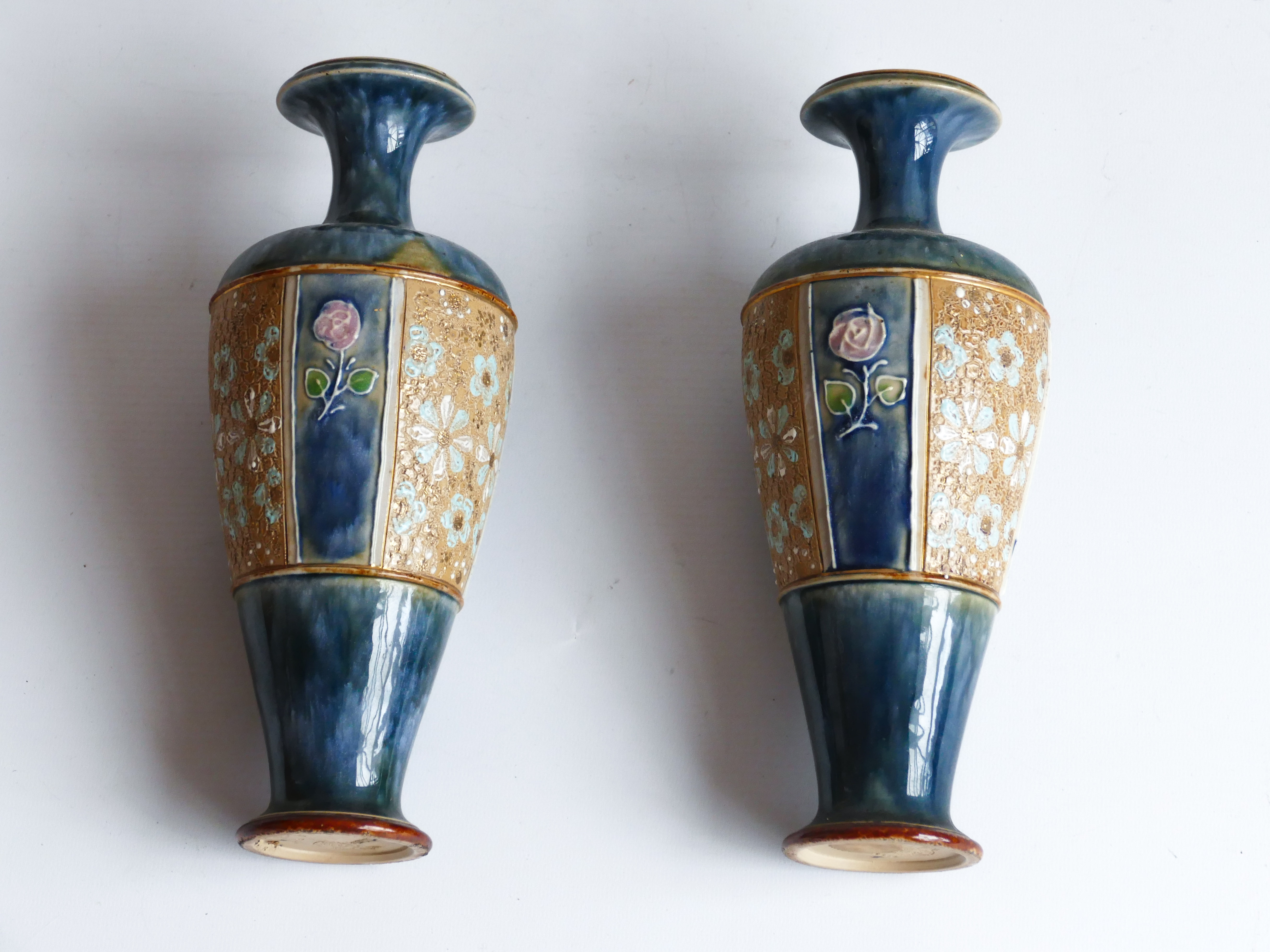ROYAL DOULTON PAIR OF GLAZED ANTIQUE TAPESTRY VASES CHINA FLORAL MADE IN ENGLAND ART NOUVEAU LAMBETH
