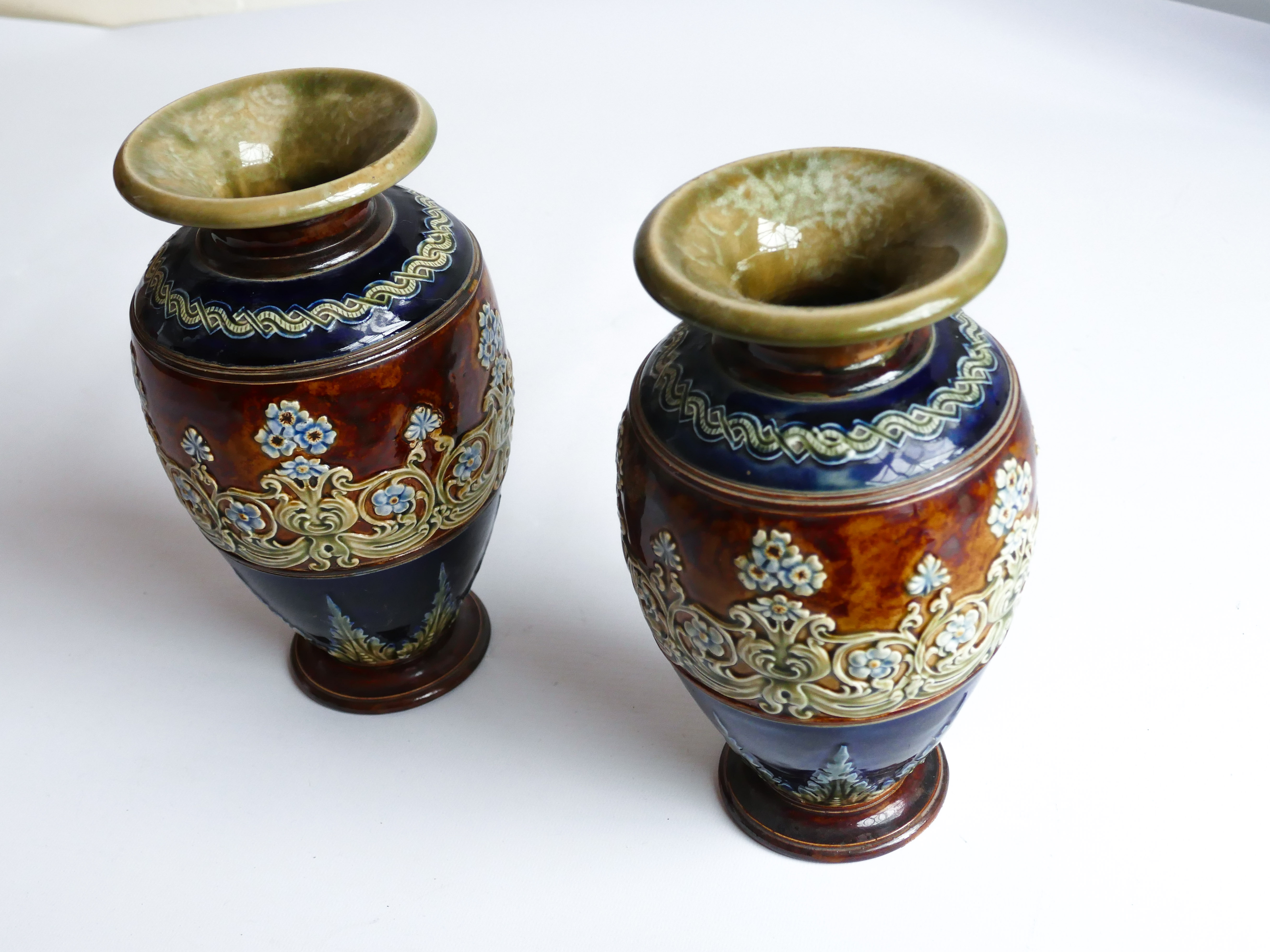 ROYAL DOULTON PAIR OF ANTIQUE VASES CHINA FLORAL DECORATION MADE IN ENGLAND LAMBETH WARE - Image 2 of 4