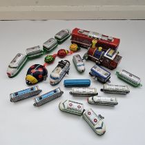 VINTAGE MIXED LOT TIN TRAINS VEHICLES JAPAN NOMURA 1980s HORIKAWA WIND-UP TOY