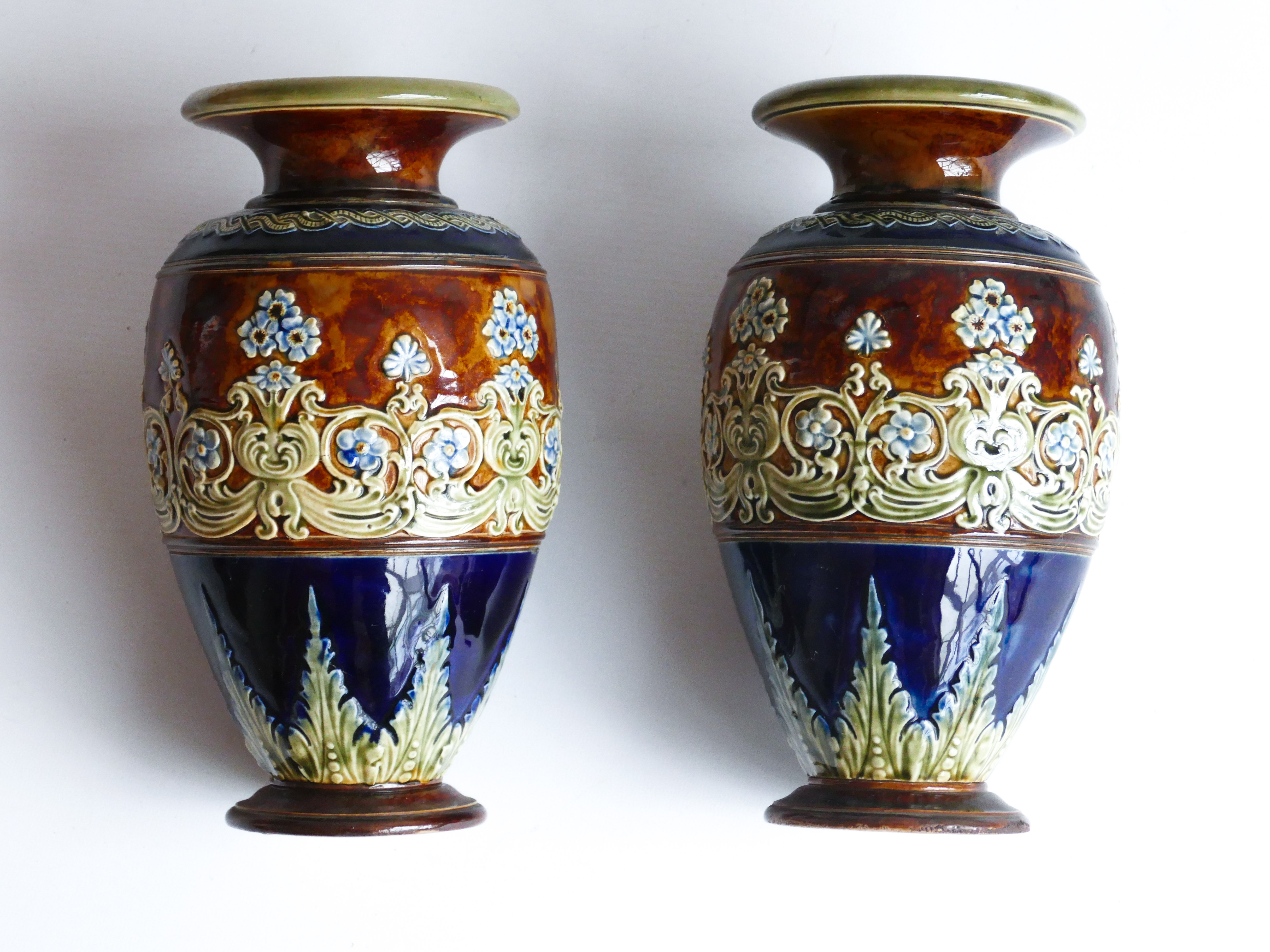 ROYAL DOULTON PAIR OF ANTIQUE VASES CHINA FLORAL DECORATION MADE IN ENGLAND LAMBETH WARE