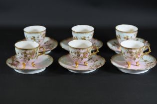 Floral Pink Decorated Cups Feet Heavy Gilding Set 6 Saucers 1 Cup Old Repair Possibly Limoges