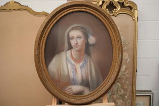 Large Pastel Drawing Young Victorian Lady Gesso Frame