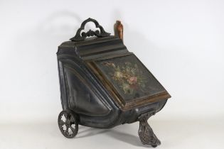 Victorian Painted Coal Scuttle Rear Wheels Floral Decoration