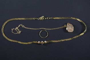 Collection Of Gold Jewellery, Necklace With Pearls, Ring, And Chain With Pendant