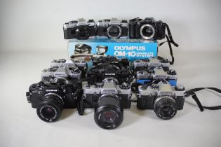 12 Mixed Olympus Vintage Film Cameras Om Series 7x 10 Black Alloy 1x Blue Grip 40