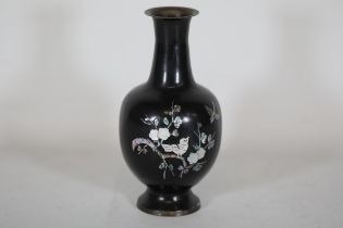 Asian Lacquered Metal Vase Mother Pearl Bird Blossom Design 23cm Height An Measuring Features