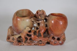 Chinese Soapstone Brush Pot Monkeys Bird Paradise 18cm X 10cm A Good Condition Measures