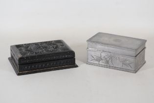 Pair Early 20th Oriental Boxes Carved Wood Pewter Ware Swatow Ngan Ki Heung Box Contains