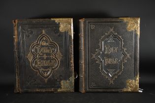 Pair Victorian Family Bibles Brass Bound and Leather
