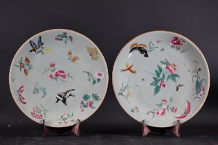 Ground Celadon Painted Enamel Chinese Plates Butterfly Rose Design Signed Bottom A Pair