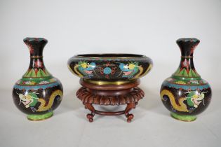 Chinese Cloisonne Bowl 20th Century and Matching Vases