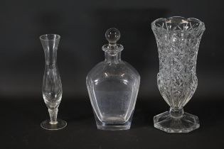 Collection Of Glassware Including A Decanter, Fluted Vase And A Cut Glass Vase. The Tallest Is 9"