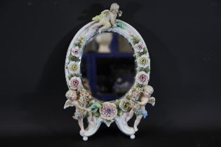 German Porcelain Cherub Floral Vanity Mirror Dresden Meissen Crossed Sword Mark