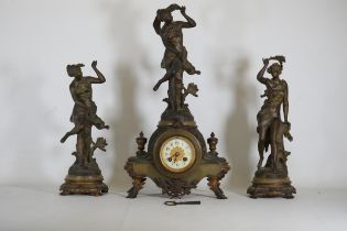 Art Nouveau Spelter Clock Garniture 'coup De Soleil' Vent' Figures French Made