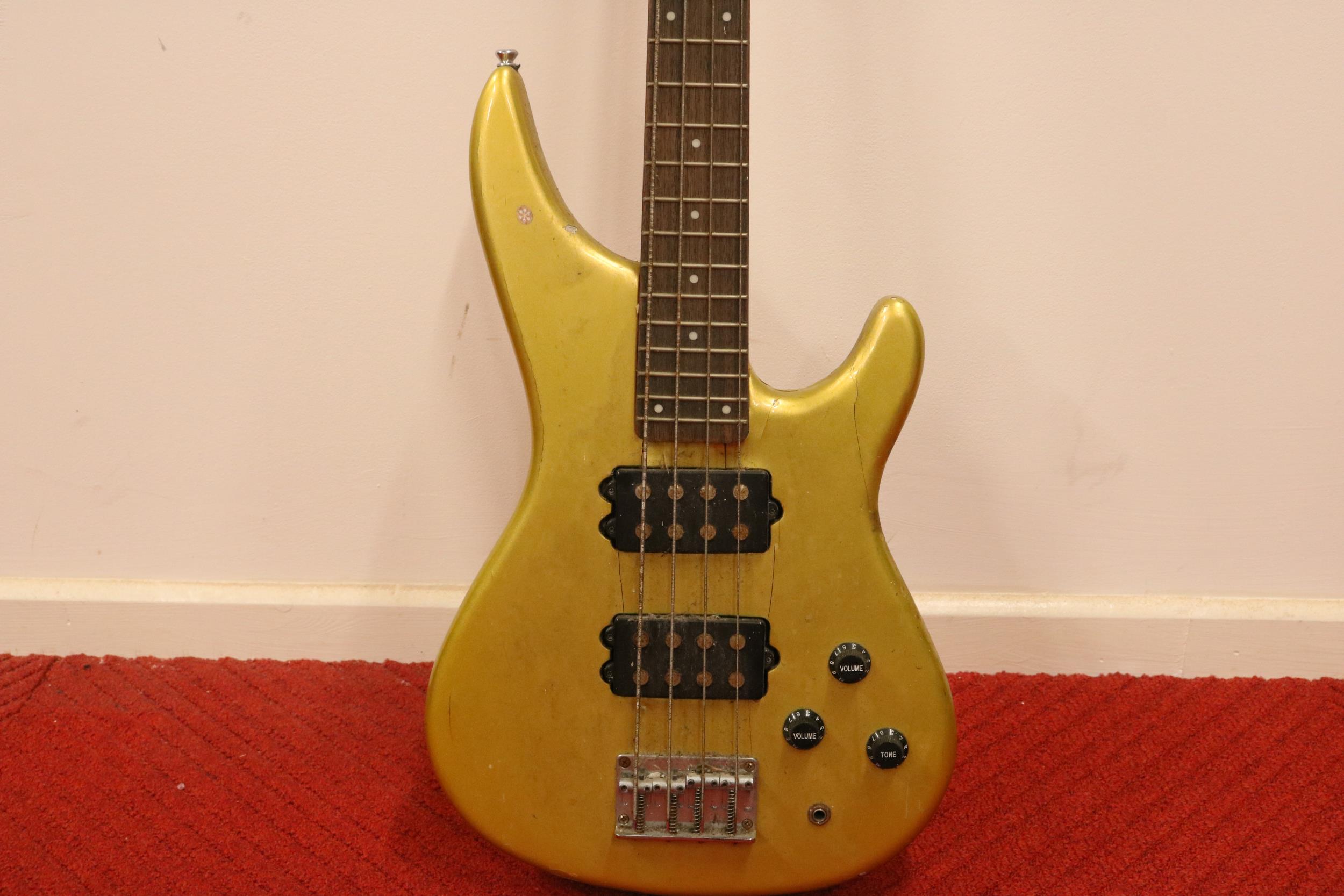 Wesley Electric Guitar Yellow Bass Double Cutaway Body 2 Pickups Glossy Finish - Image 3 of 8