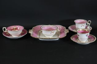 Minton Trio Cups and Saucers - Pink Square Plate - Additional Cup - c1825 - Pattern No 665