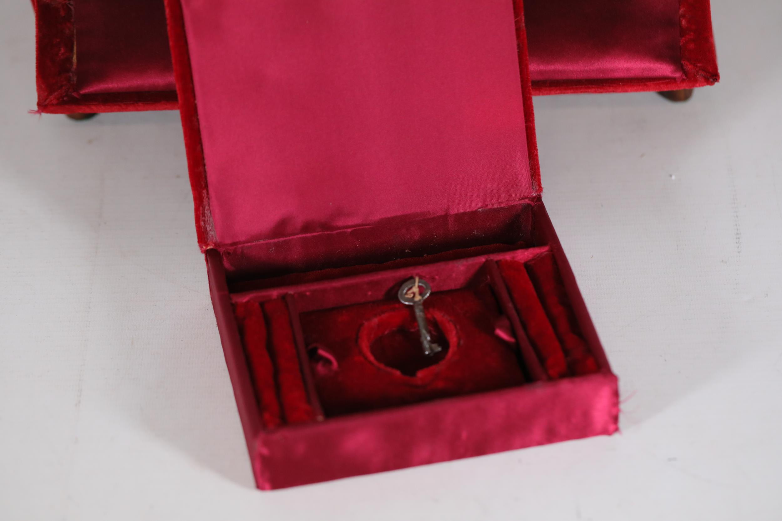 Vintage Ladies Red Velvet Jewellery Perfume Storage Cut Glass Bottles Key Loose Rear Hinge 19th A - Image 4 of 7