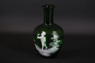 Mary Gregory Green Art Glass Bottle Boy Branch Usa Early 20th Century 18 Cm Tall A Enamel