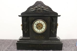 Victorian Slate Mantle Clock Depicting Renaissance Scenes, Cherubs Holding An Urn.