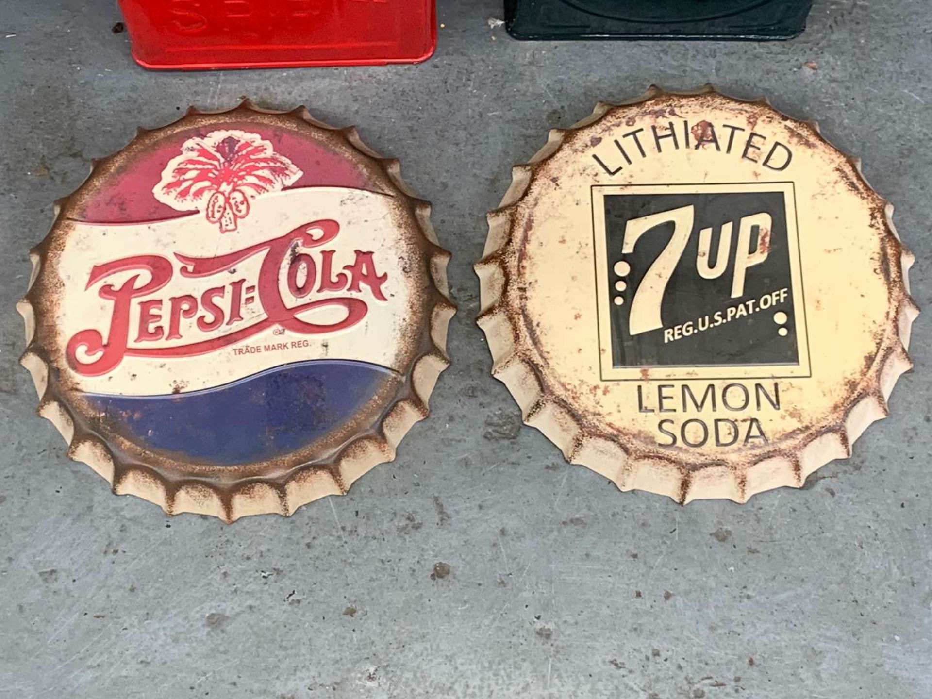 Two Vintage Two Gallon Fuel Cans and Pepsi Cola and 7up Metal Signs (4) - Image 3 of 3