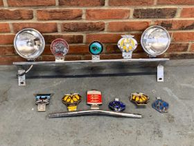 Two Classic Car Badge Bars With Nine Badges and Pair Lucas Lights