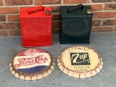 Two Vintage Two Gallon Fuel Cans and Pepsi Cola and 7up Metal Signs (4)