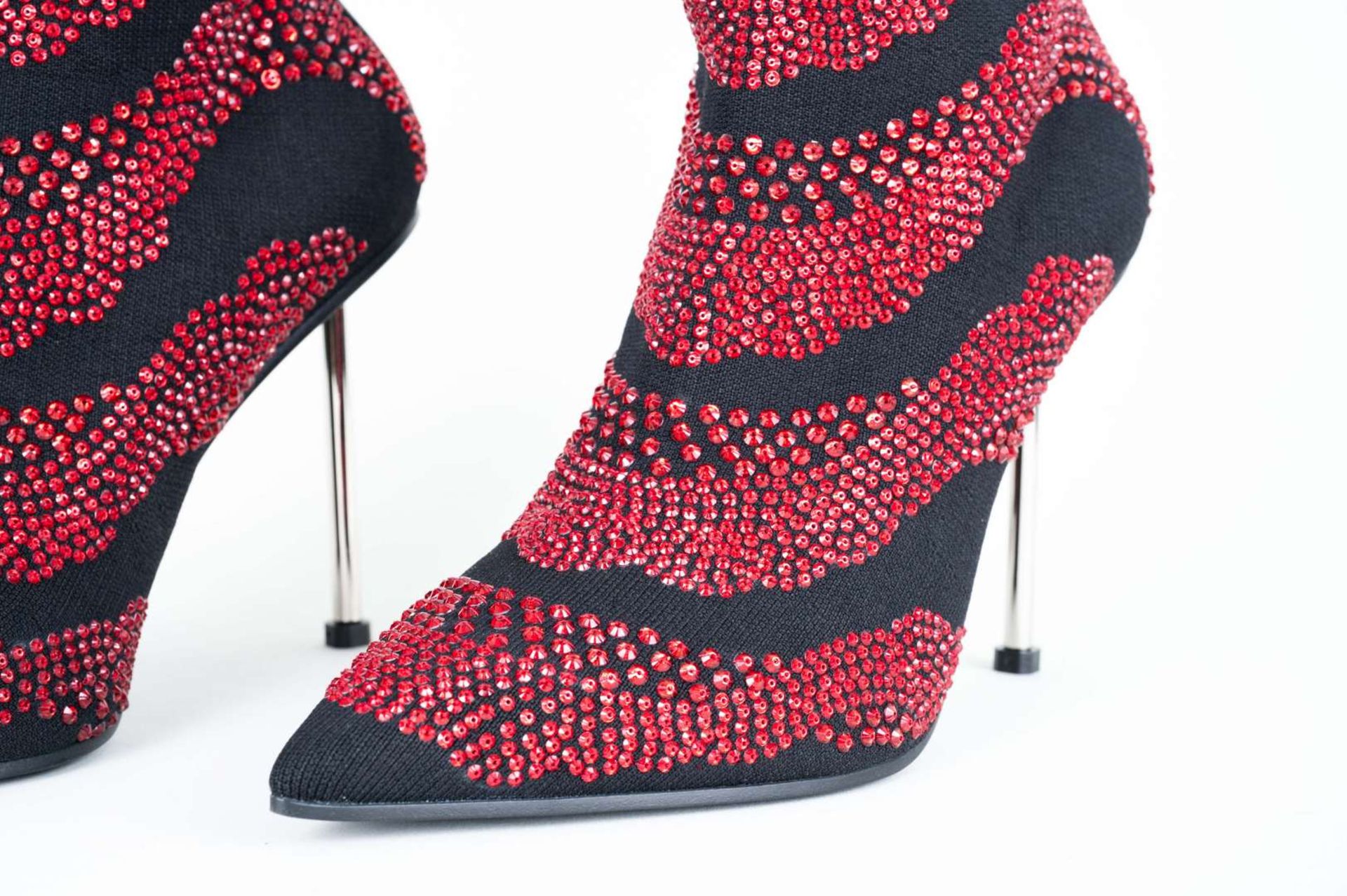 ALEXANDER McQUEEN, a pair of hand sewn, red crystal, stiletto, sock boots - Image 7 of 8
