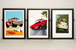 GUY ALLEN, 3 x limited edition prints. &nbsp;“Safari”, “Fulvia”, “Abarth 595”,